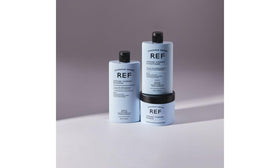 REF shampoo in shower scene showing hydrated shiny hair after use