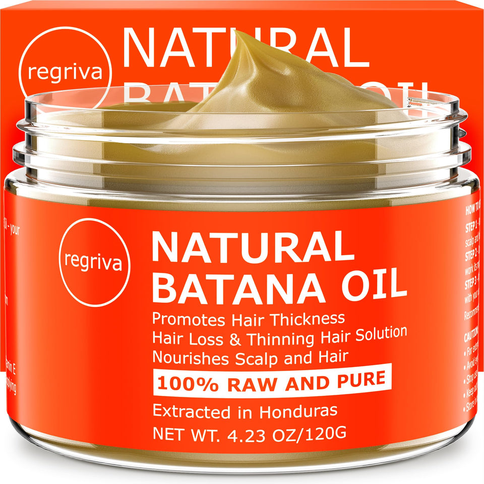 REGRIVA front packaging of raw Batana Oil showing bottle and label, pure treatment