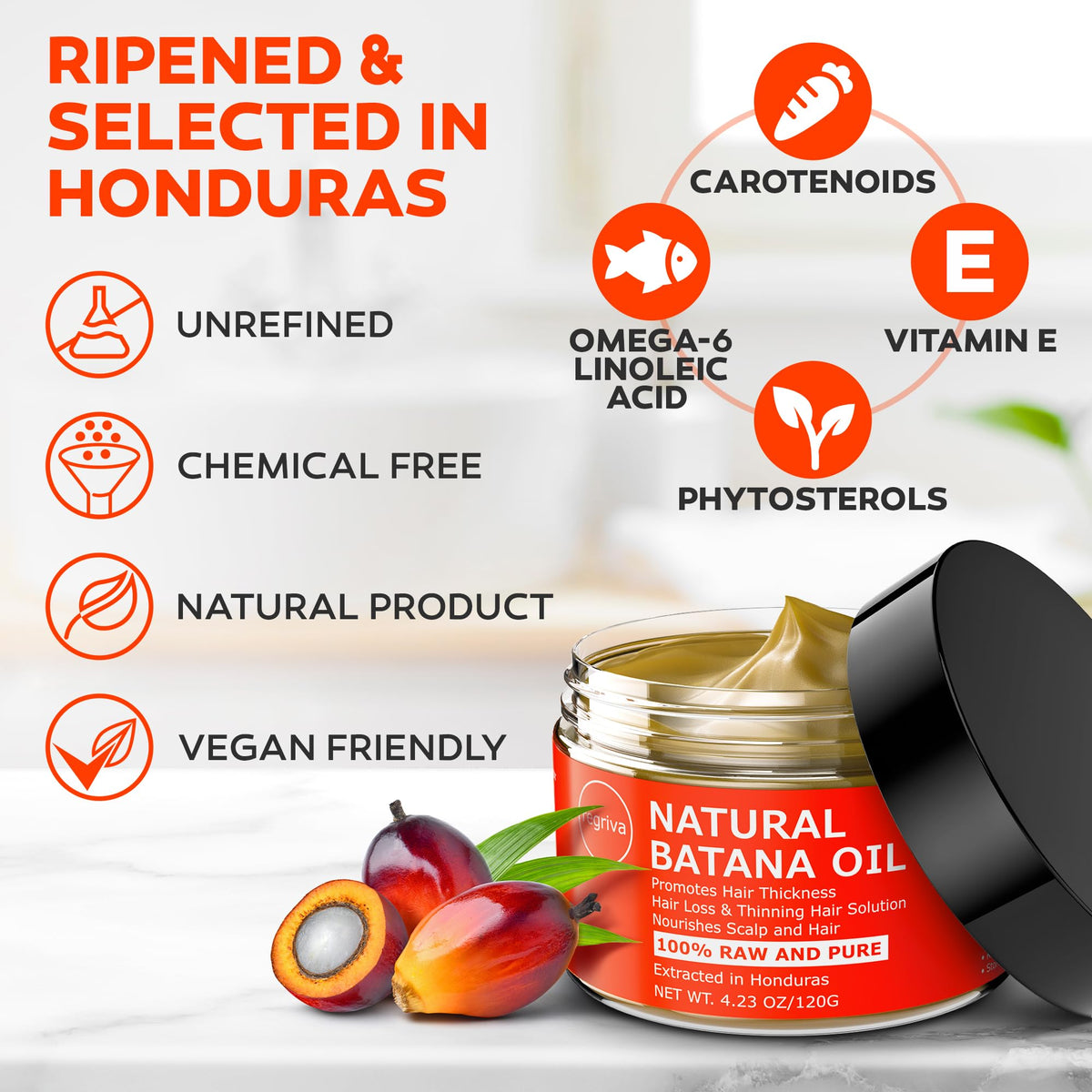 REGRIVA ingredient label close-up showing 100% unrefined Batana for transparency