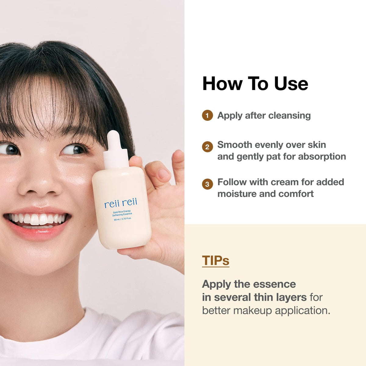 reii reii applying essence on hand, illustrates smooth absorption and prepping skin