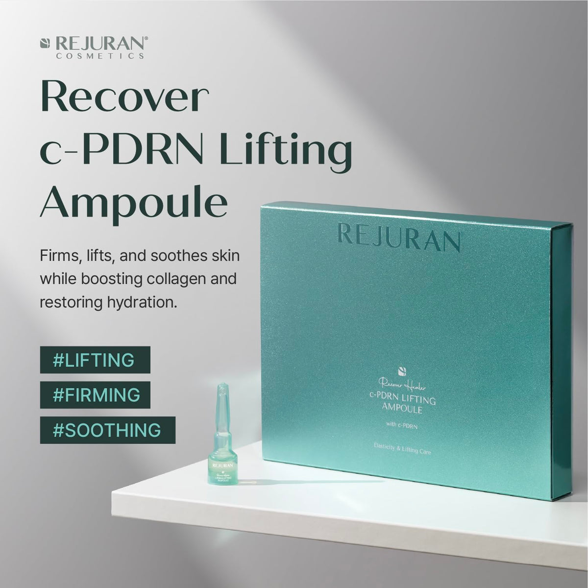 REJURAN ampoule closeup of glass vial with solution, highlights hygienic single-use benefit