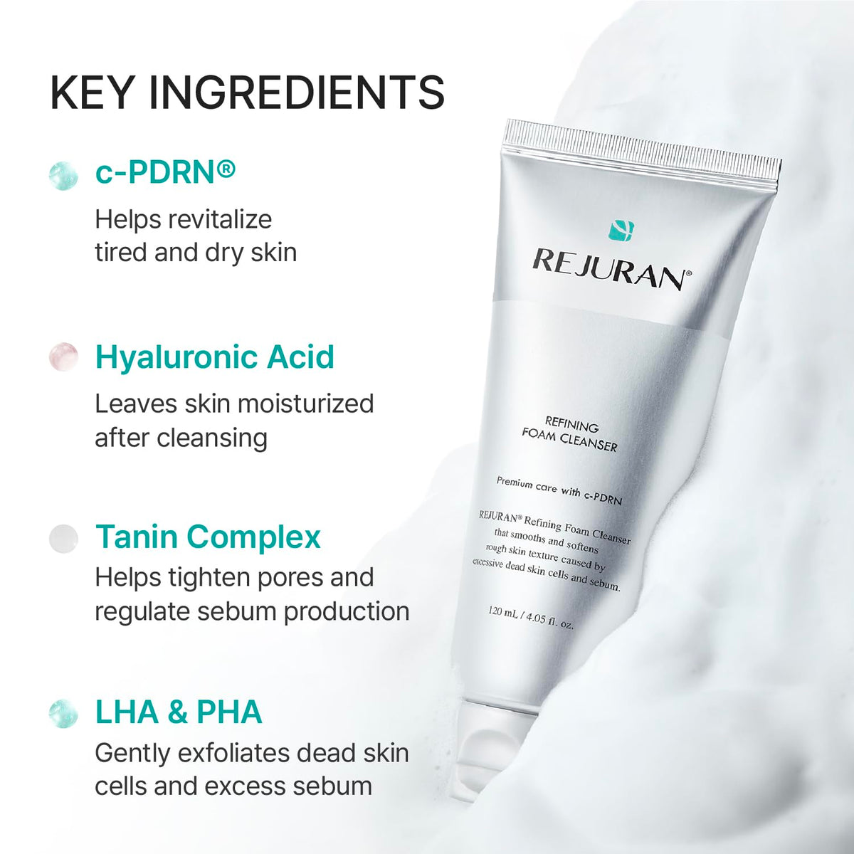REJURAN foam applied to face demonstrating gentle cleansing