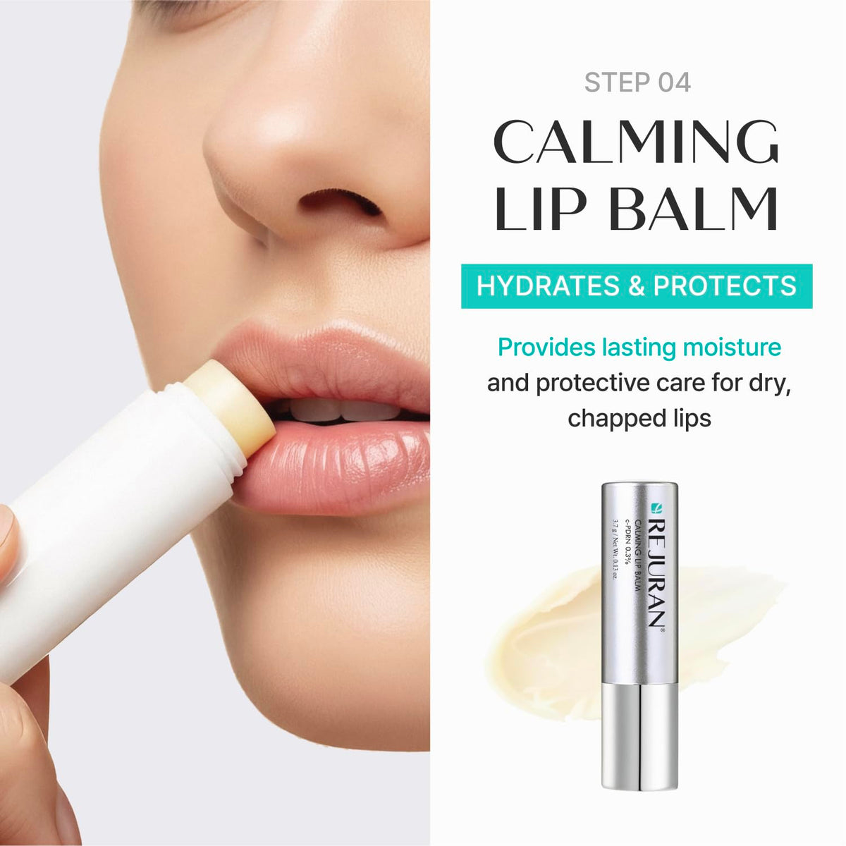 REJURAN Lip Balm open tube showing creamy texture for long-lasting moisture and lip restoration