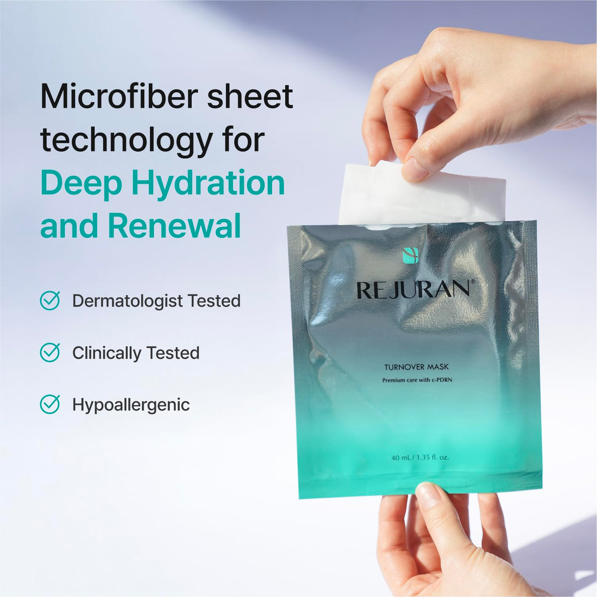 REJURAN mask applied on model illustrating soothing coverage and visible comfort