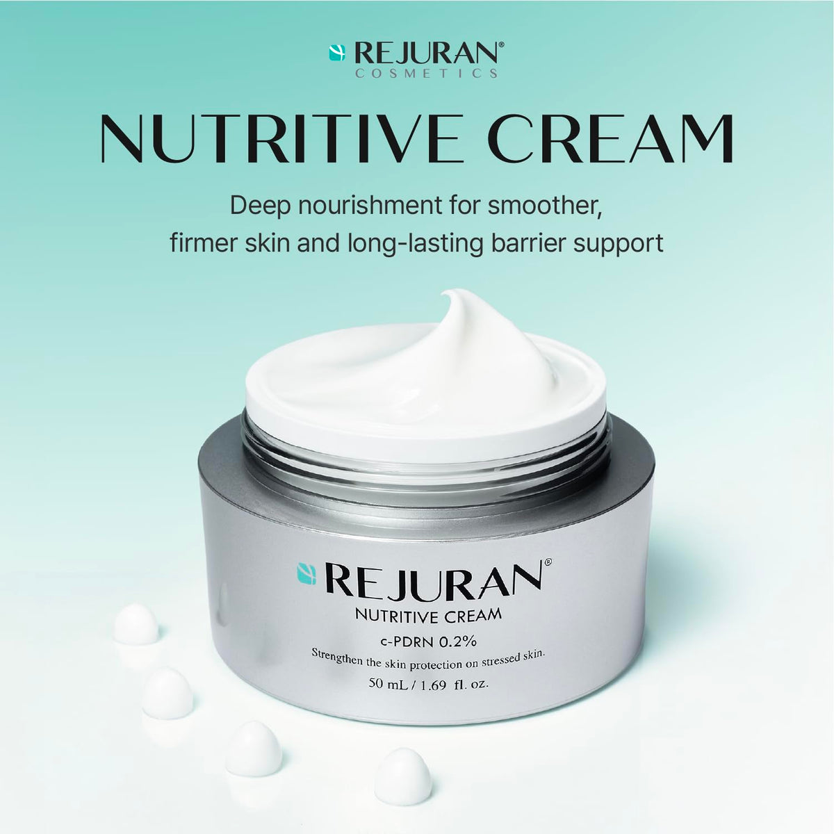 REJURAN cream texture close-up illustrating silky hydration and rich emollience