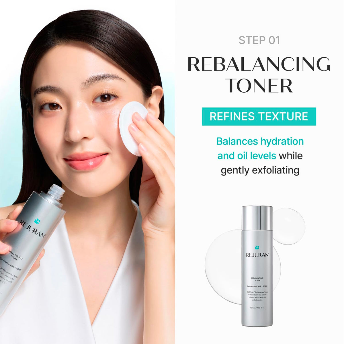 REJURAN Rebalancing Toner label close-up highlighting product identity and gentle prepping benefits