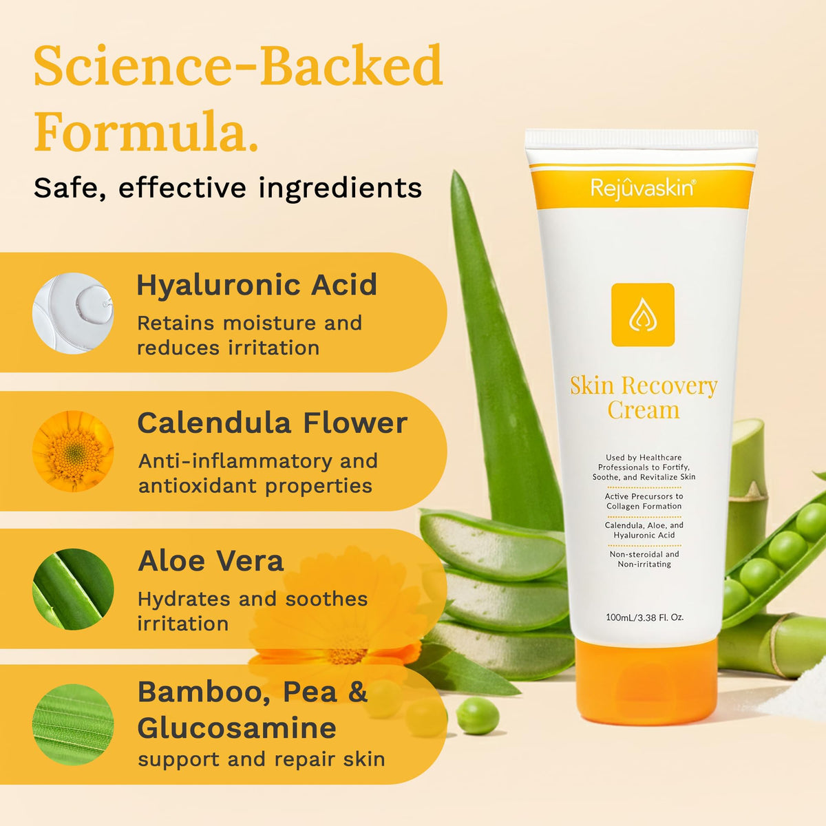Rejuvaskin tube open dispensing cream to illustrate easy application and non-greasy feel