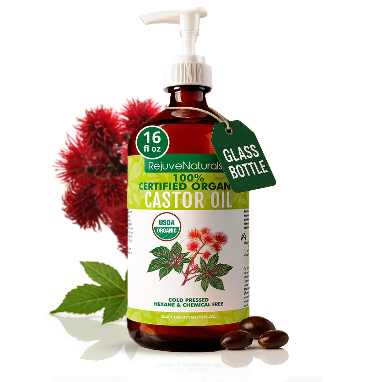 RejuveNaturals glass bottle front view showing organic castor oil benefits