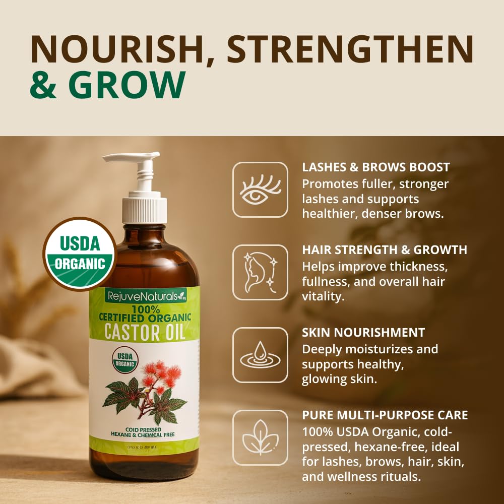 RejuveNaturals castor oil pouring texture highlighting rich moisturizing benefits