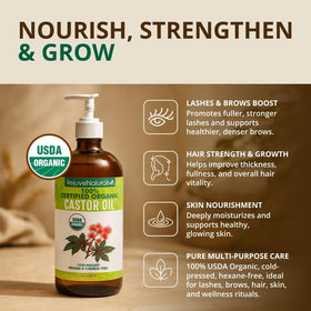 RejuveNaturals castor oil pouring texture highlighting rich moisturizing benefits