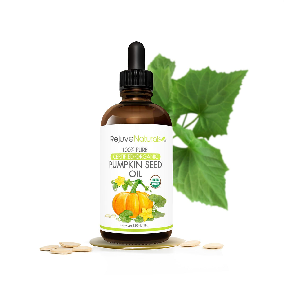 RejuveNaturals front packaging showing organic 4oz bottle and certification benefits