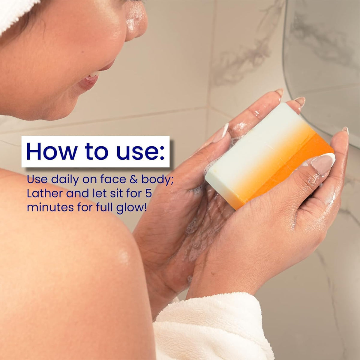 Relumins soap beside towel in bathroom lifestyle scene for refreshed daily routine