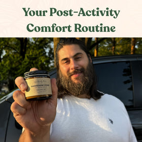Remedy Mama jar open with cream on finger demonstrating easy massage-in application for comfort