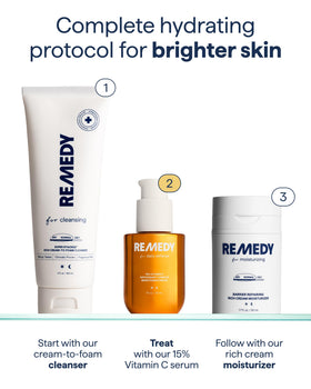 Remedy Science bottle staged in morning skincare setup, suggests layering with sunscreen