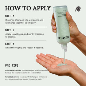Remilia Hair 300 ml bottle beside a hand for size comparison and travel convenience