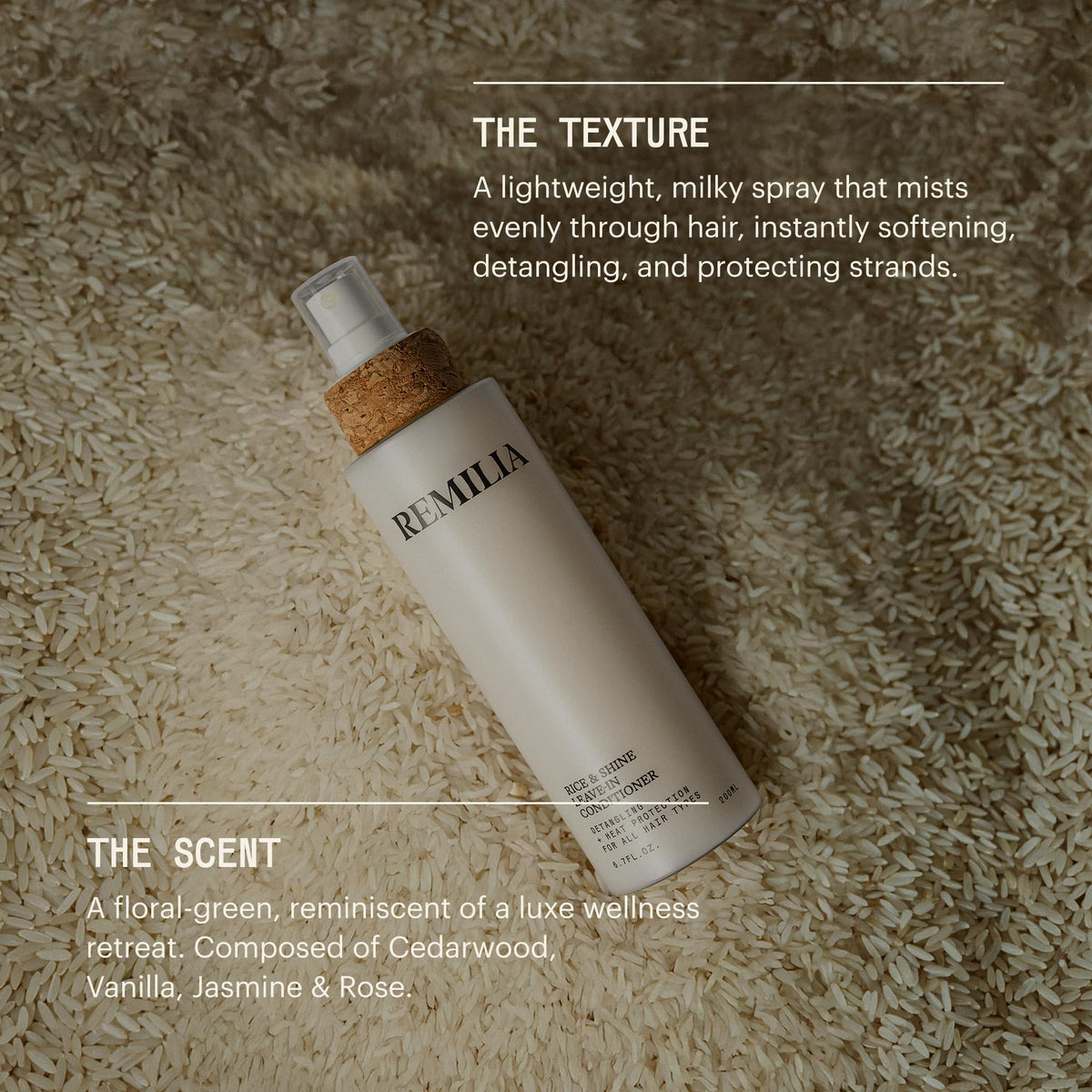 Remilia Hair spray in use on damp hair showing easier detangling benefit