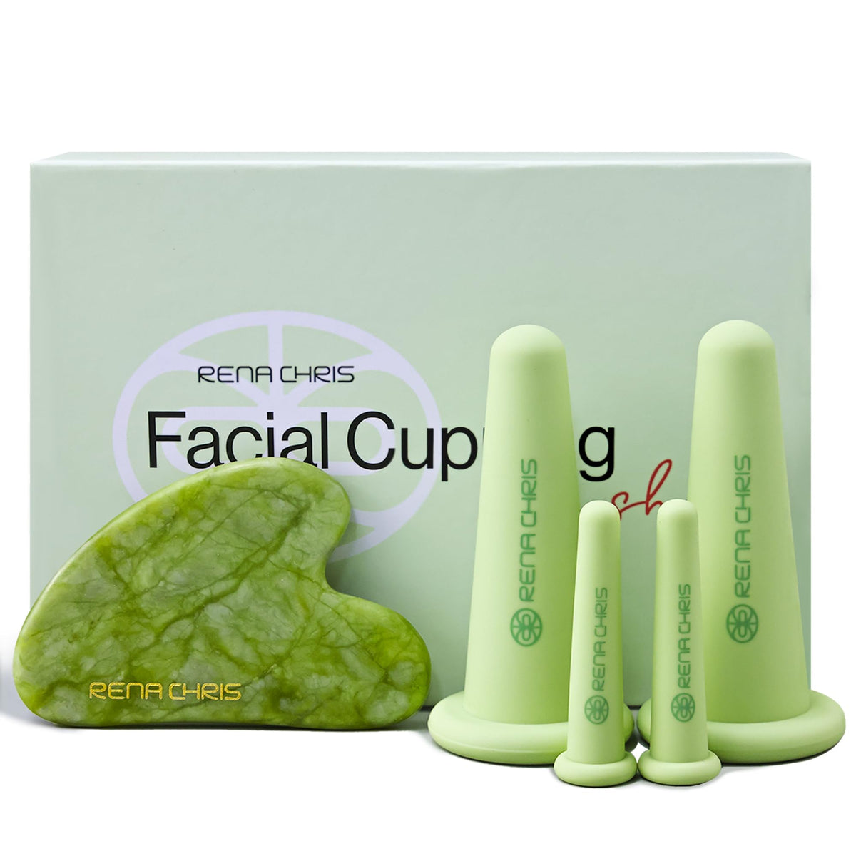 Rena Chris front packaging showing complete facial cupping kit and jade