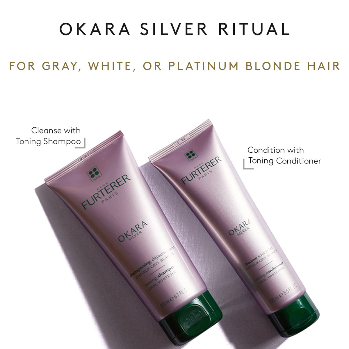 René Furterer OKARA SILVER bottle staged in bathroom, suggesting salon-quality maintenance benefit