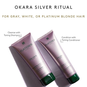 René Furterer OKARA SILVER bottle staged in bathroom, suggesting salon-quality maintenance benefit