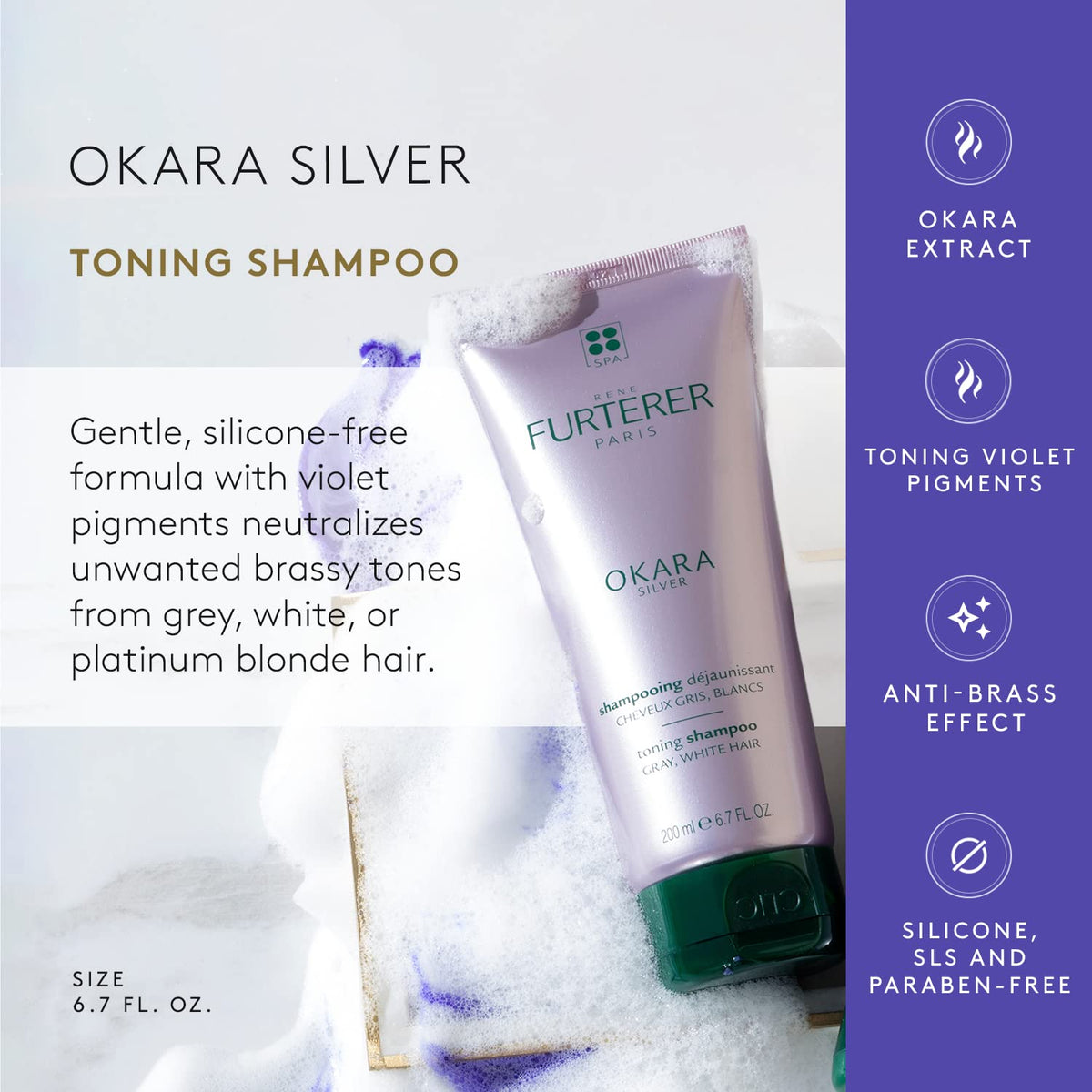 René Furterer OKARA SILVER shampoo texture being poured, showing creamy toning formula benefit