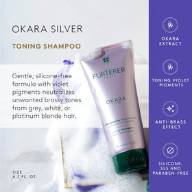 René Furterer OKARA SILVER shampoo texture being poured, showing creamy toning formula benefit