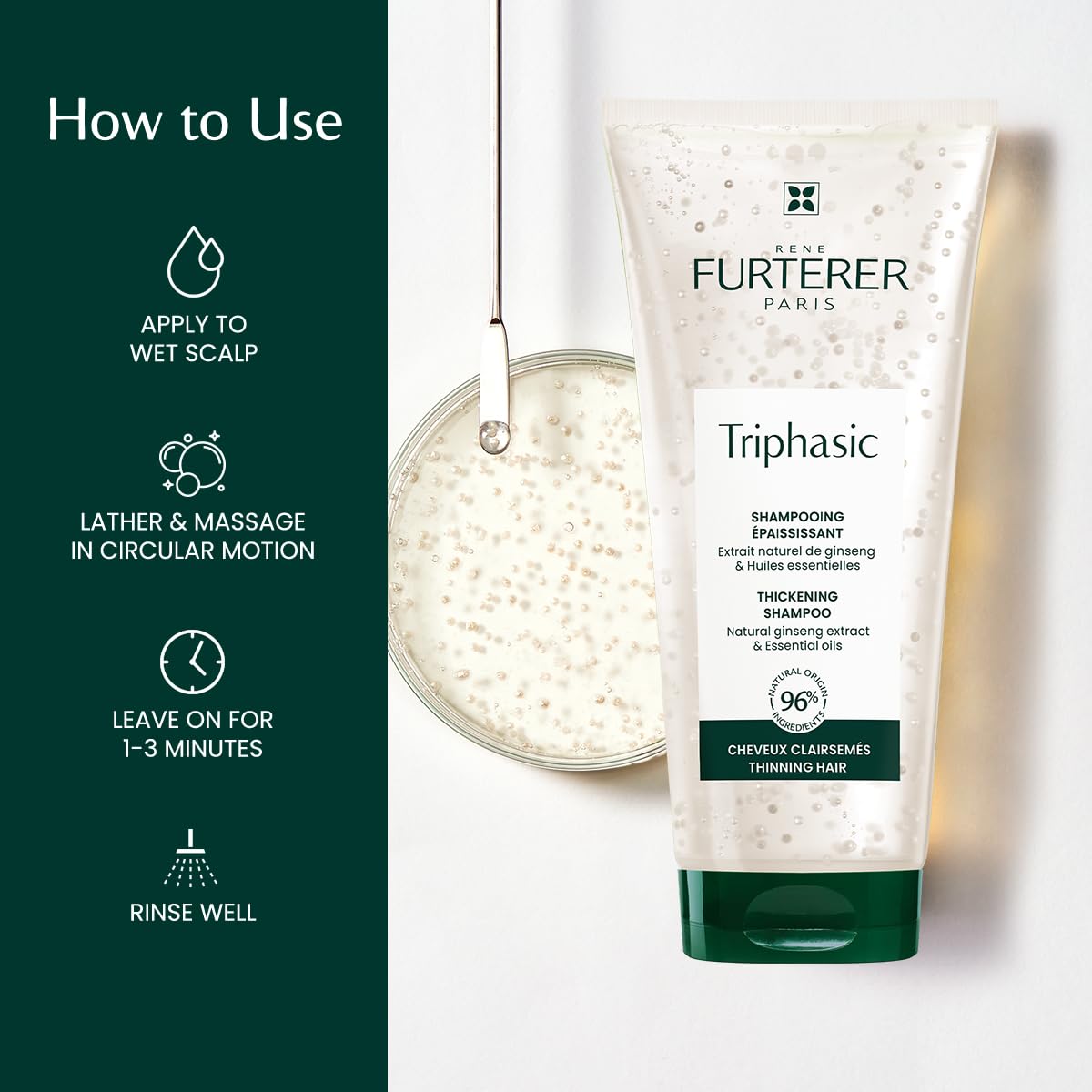 René Furterer shampoo being massaged into wet hair demonstrating scalp stimulation benefit