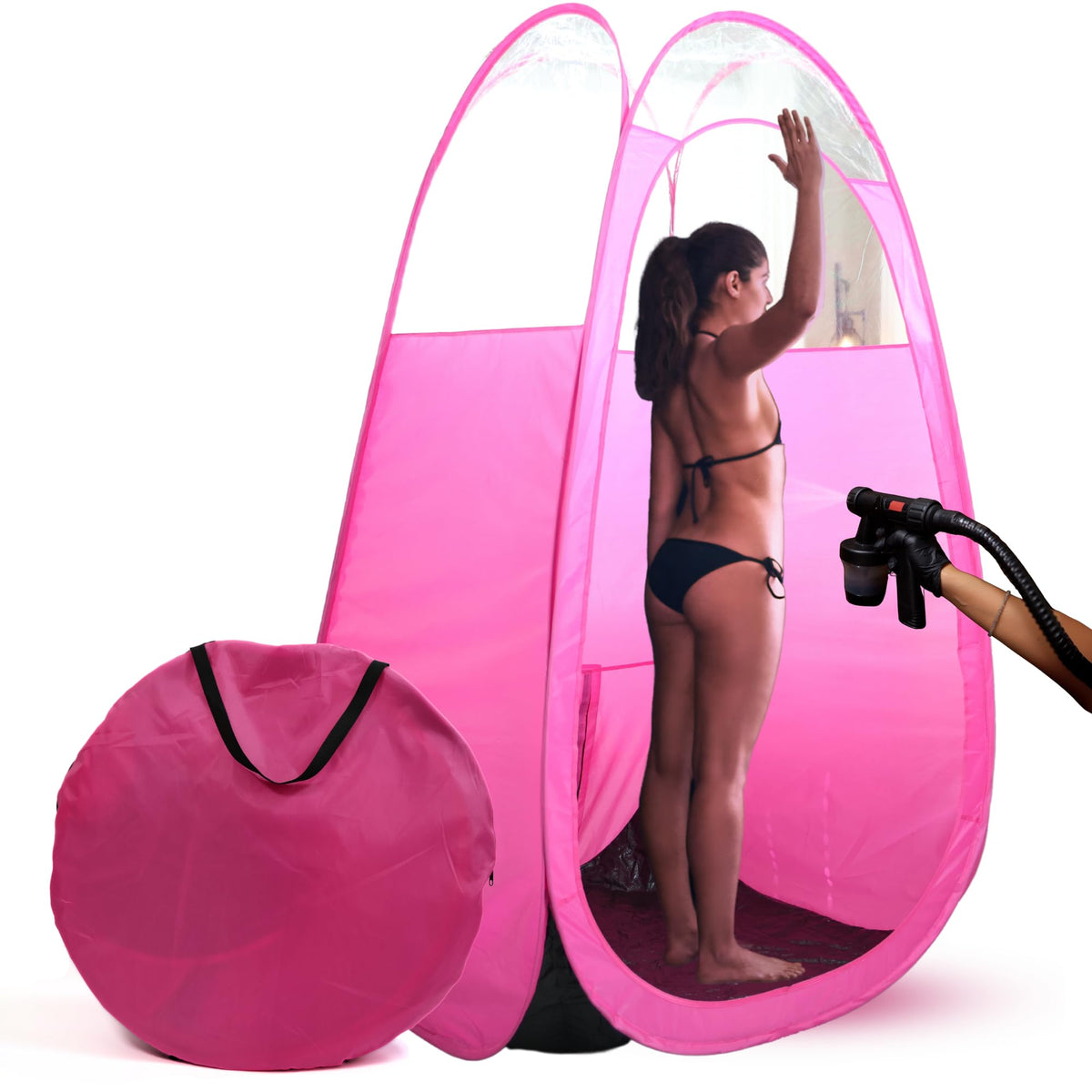 Reneebeautytan front view showing pop-up tent and benefit of quick setup