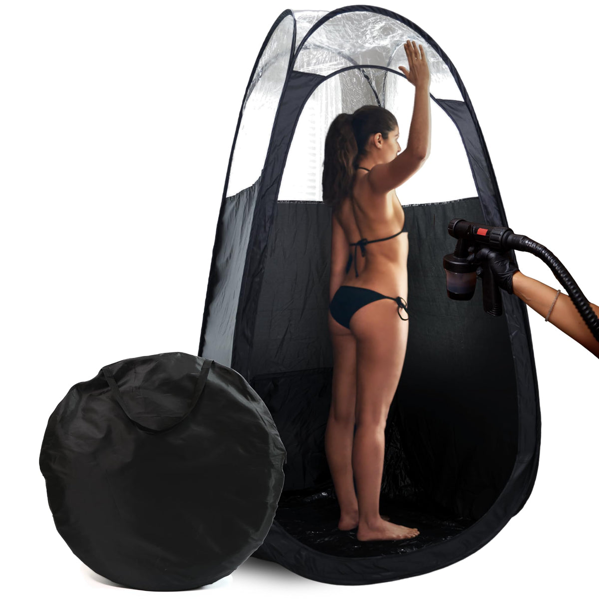 Reneebeautytan front view of pop-up tanning tent showing containment benefit