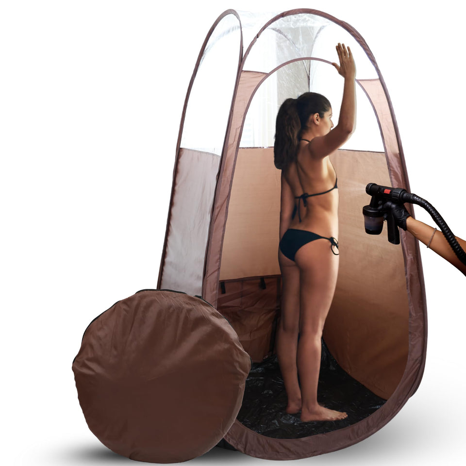 Reneebeautytan front view open tent showing full coverage and portability benefit