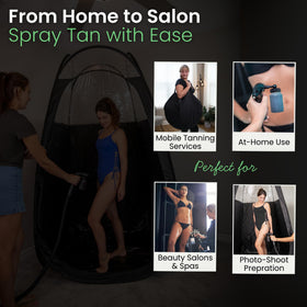 Reneebeautytan interior lit with model demonstrating even application benefit