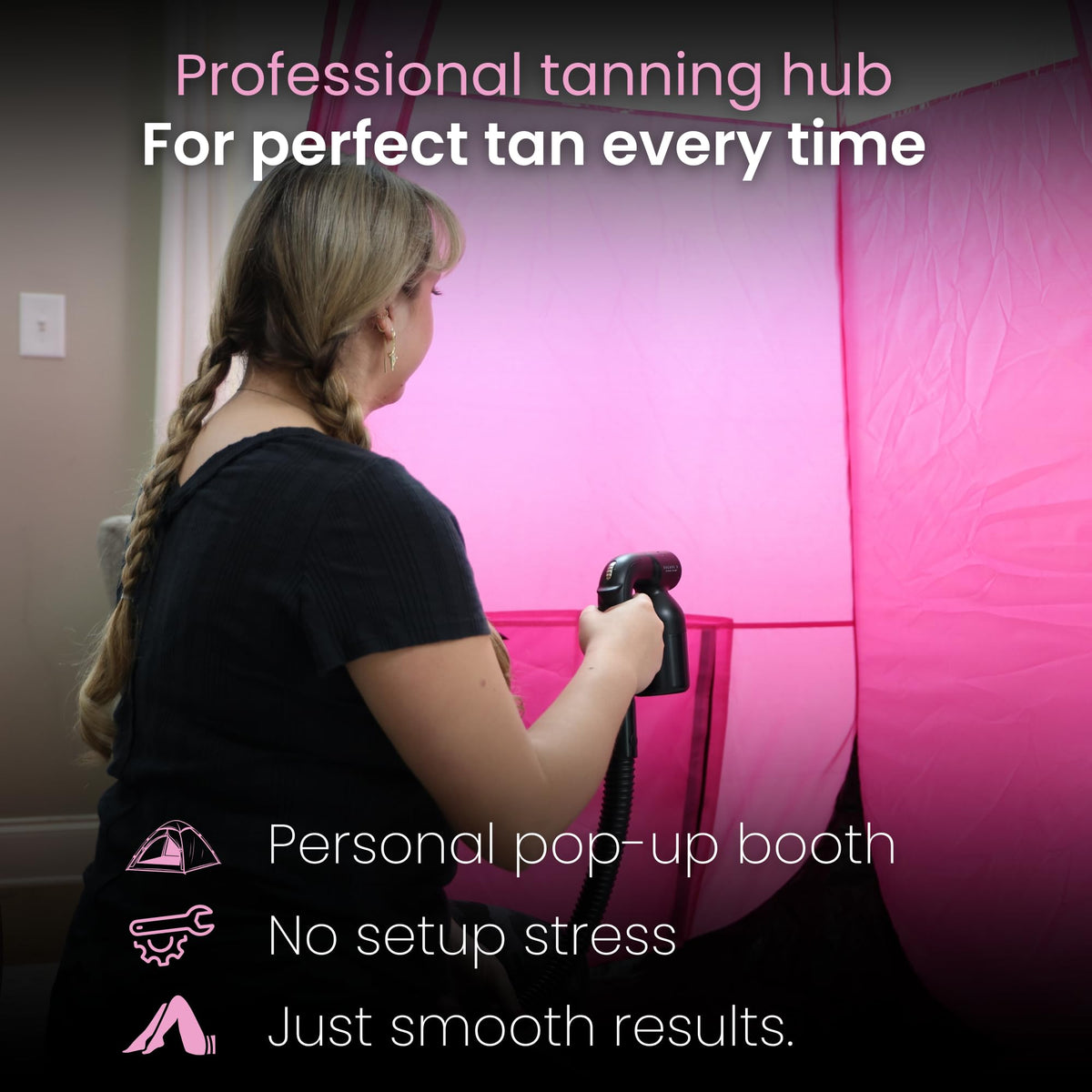 Reneebeautytan interior with model showing even application benefit