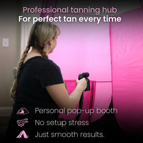 Reneebeautytan interior with model showing even application benefit