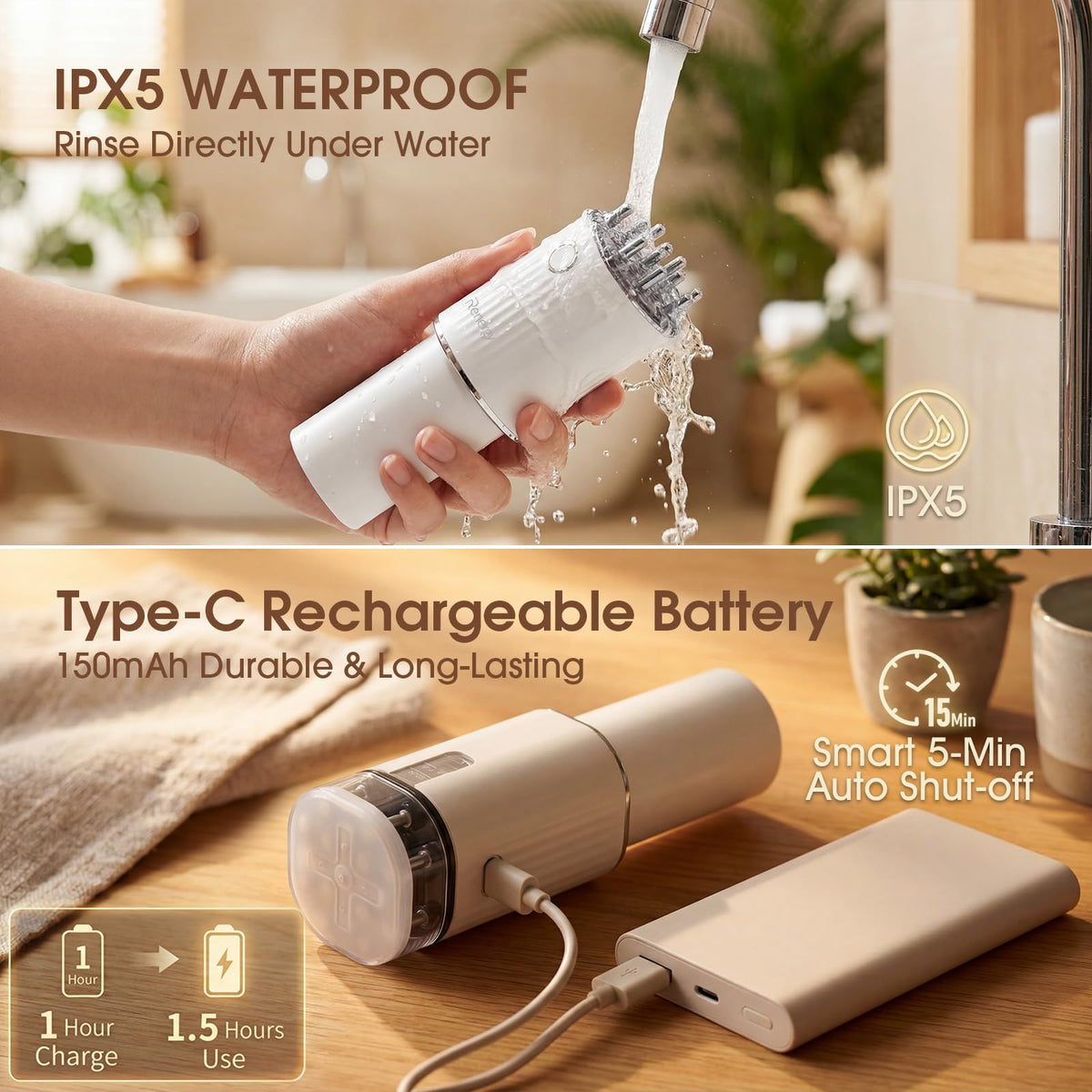 Renergy under running water showing IPX5 waterproofing for easy cleaning and hygiene