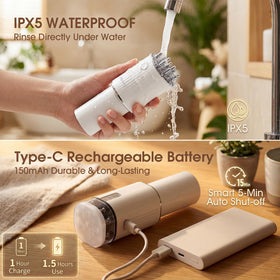 Renergy under running water showing IPX5 waterproofing for easy cleaning and hygiene