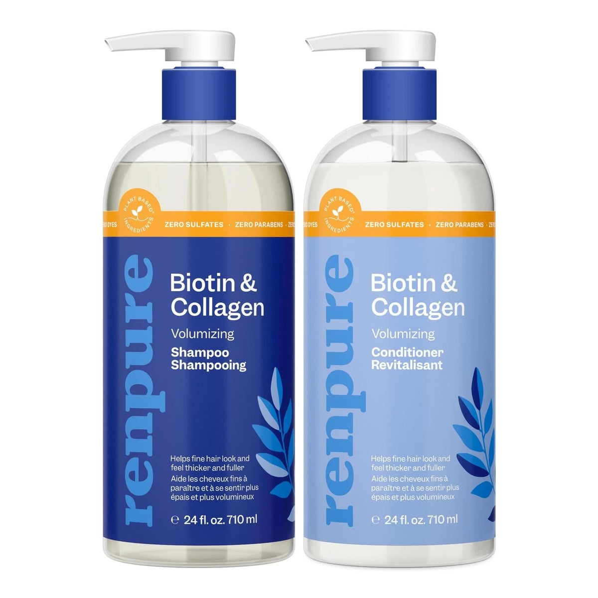 RENPURE front packaging of biotin collagen set showing bottles and benefit of fuller-looking hair
