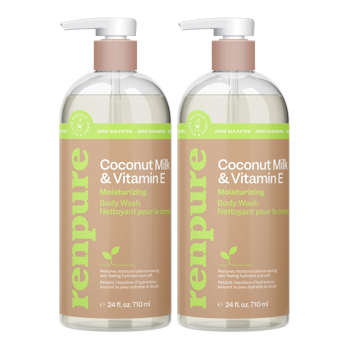 RENPURE front packaging showing 24 fl oz bottle and 2-pack, conveys hydration