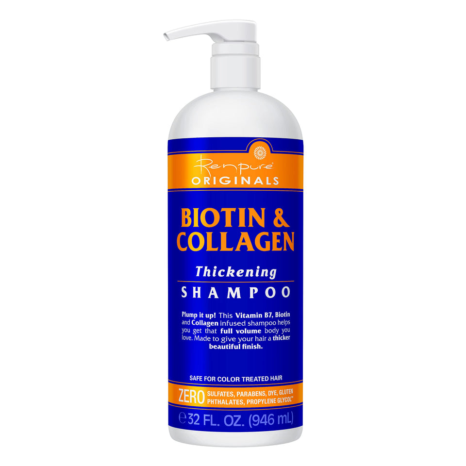 RENPURE front bottle showing biotin and collagen label and clear product benefit
