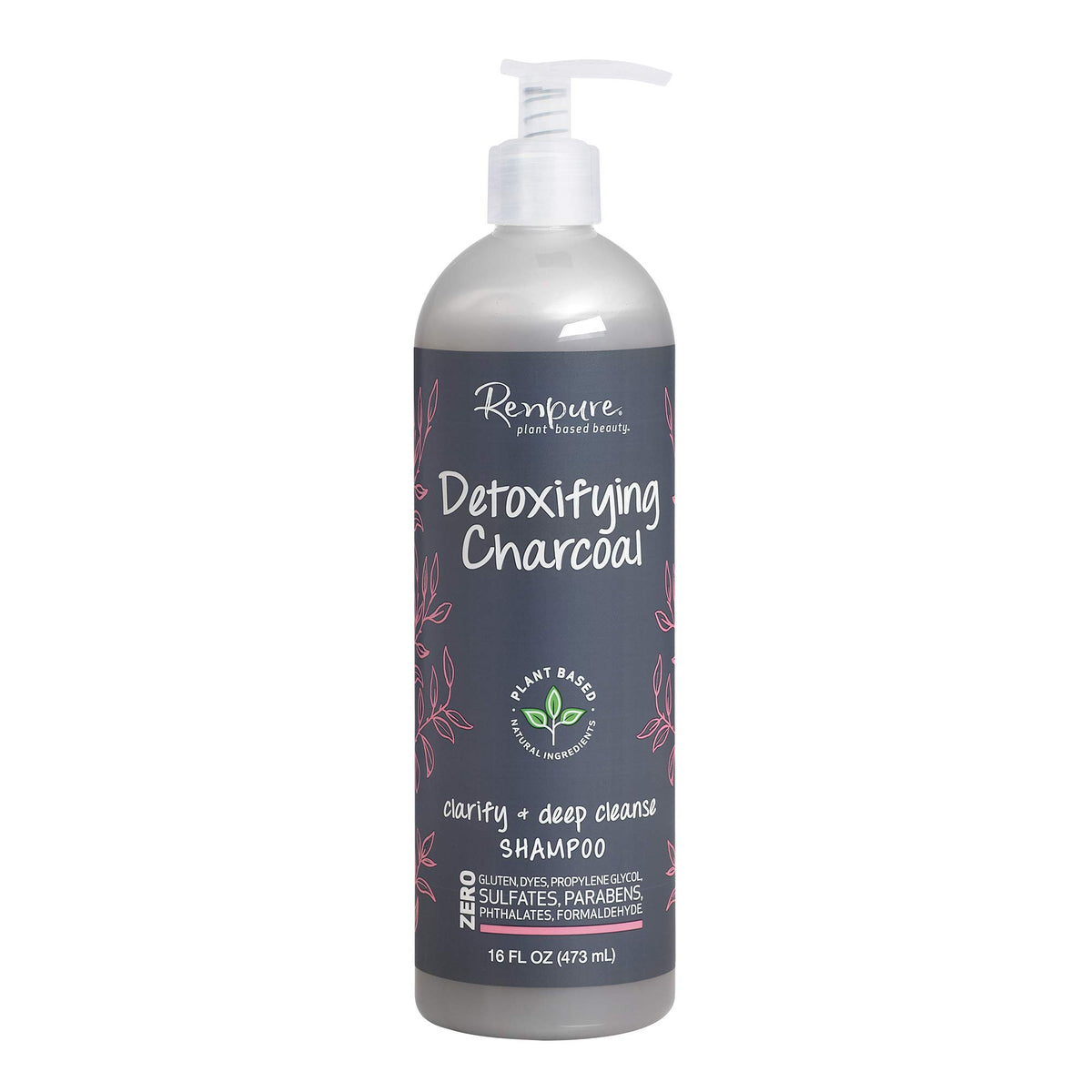 Renpure front packaging showing detoxifying charcoal shampoo and clear benefits