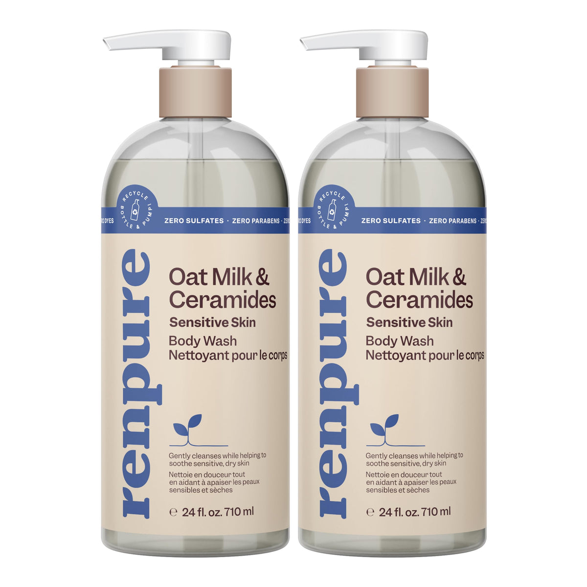 RENPURE front packaging showing oat milk and ceramides benefits for gentle cleansing