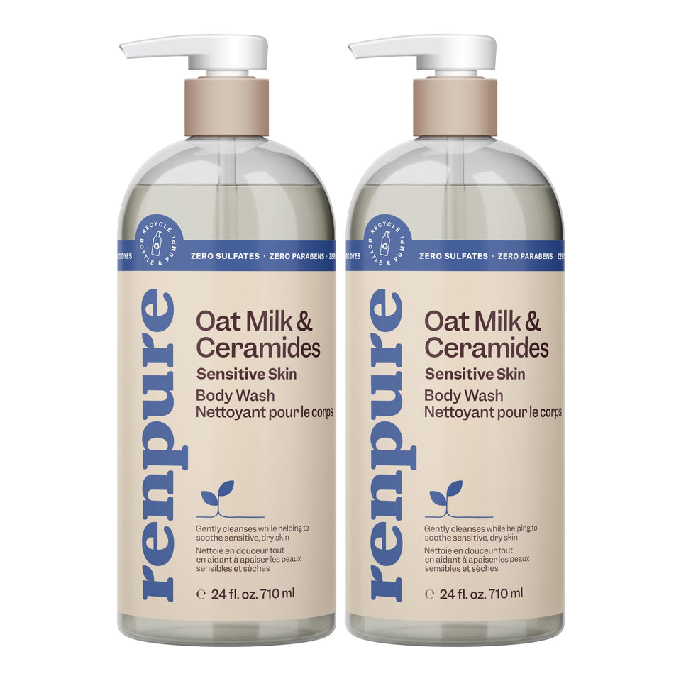 RENPURE front packaging showing oat milk and ceramides benefits for gentle cleansing
