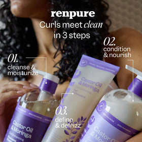 RENPURE product label highlighting castor and moringa oils and plant-based formula