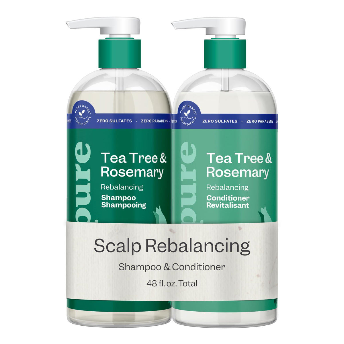 Renpure front packaging showing shampoo and conditioner, promotes balanced hair