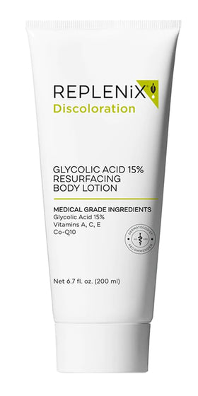 Replenix front packaging showing glycolic 15% bottle and product benefit