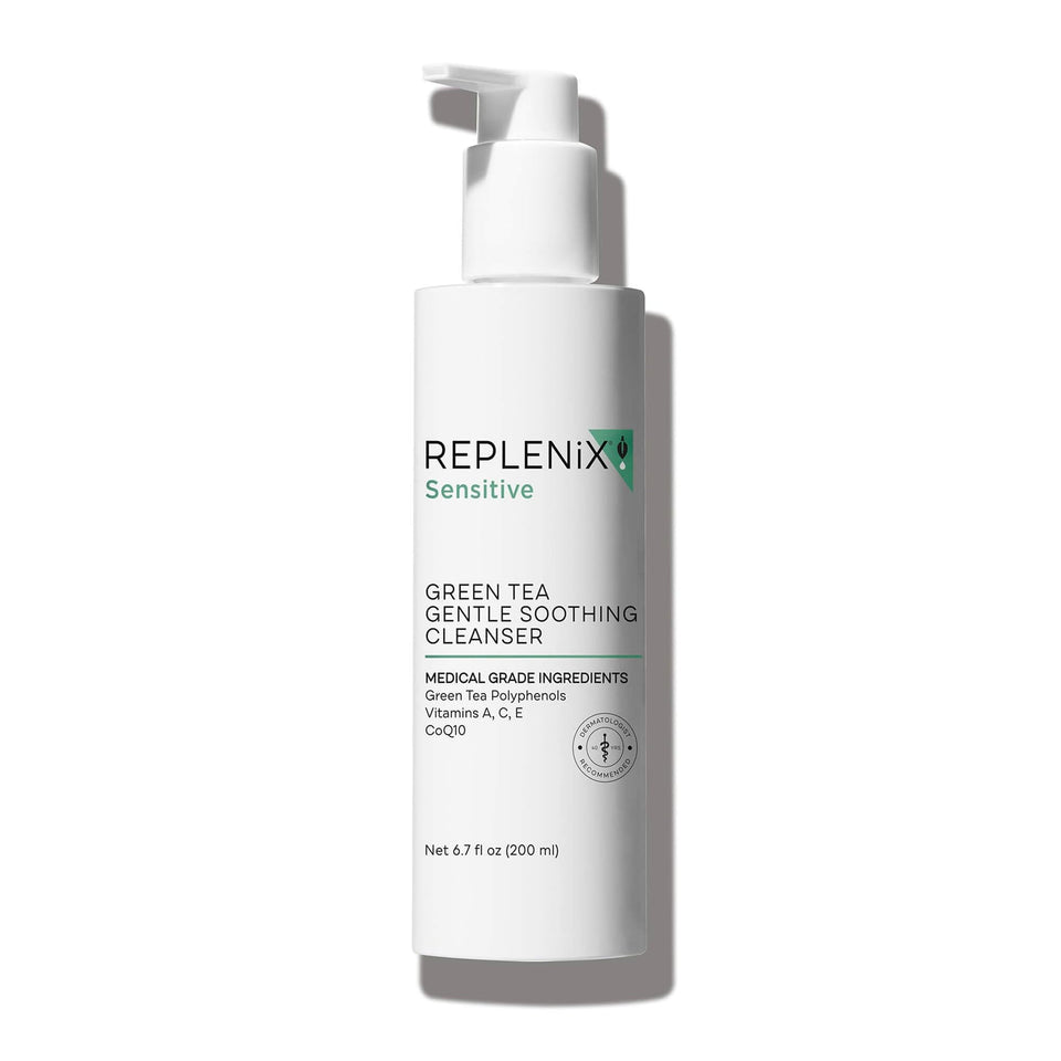 Replenix front packaging of cleanser showing bottle and label, protects product