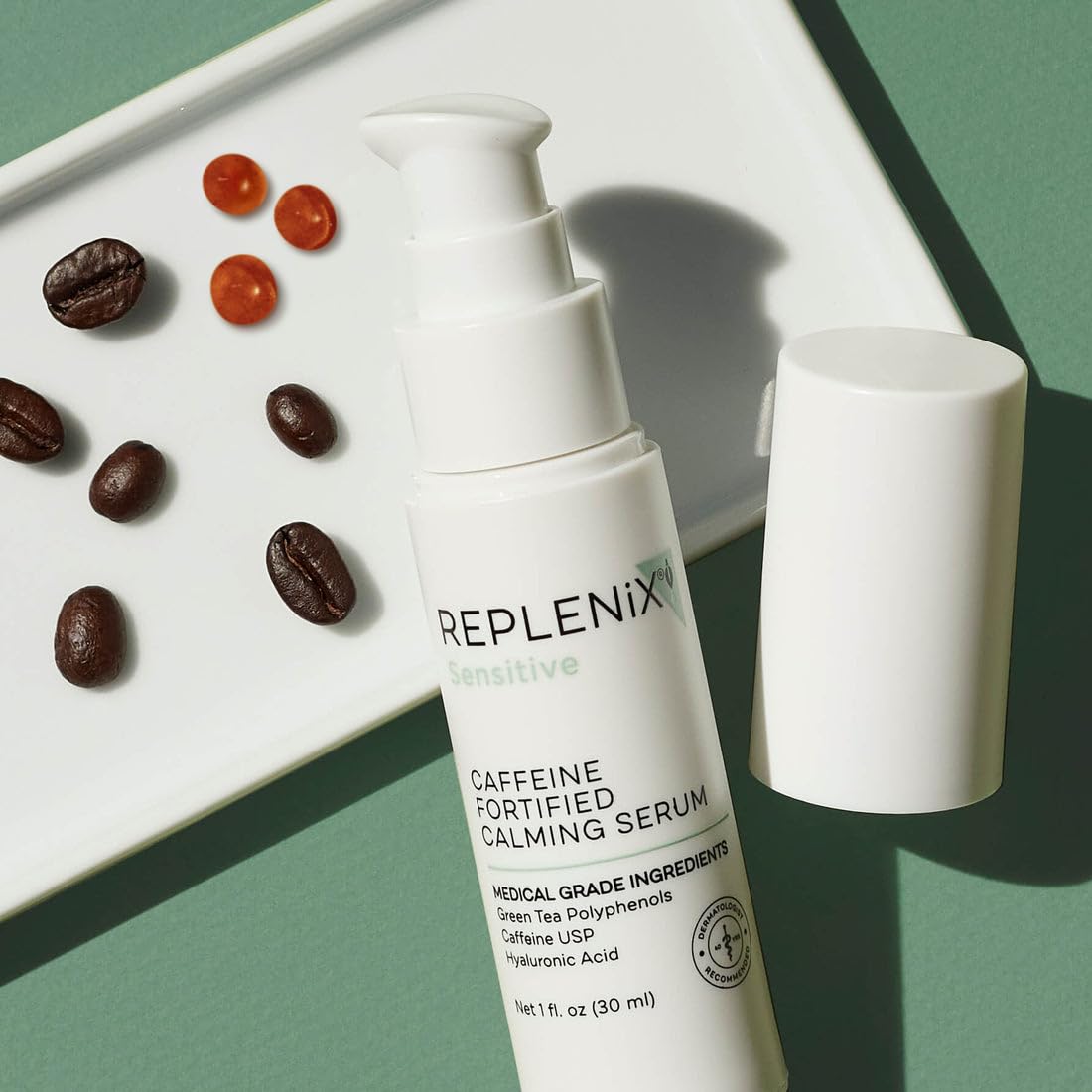 Replenix serum on bathroom shelf suggesting daily calming skincare