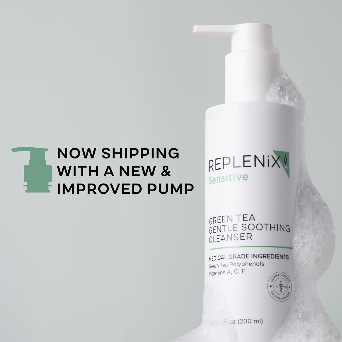 Replenix bottle next to hand for scale, indicates travel-friendly 6.7 fl oz size