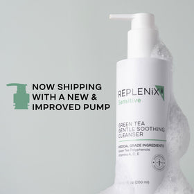 Replenix bottle next to hand for scale, indicates travel-friendly 6.7 fl oz size