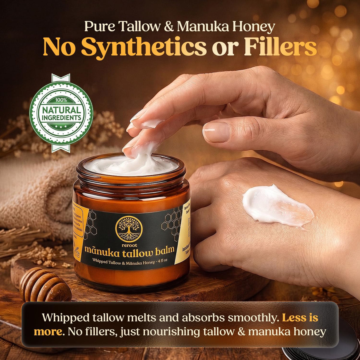 Reroot Organics label highlighting grass-fed tallow and honey benefits