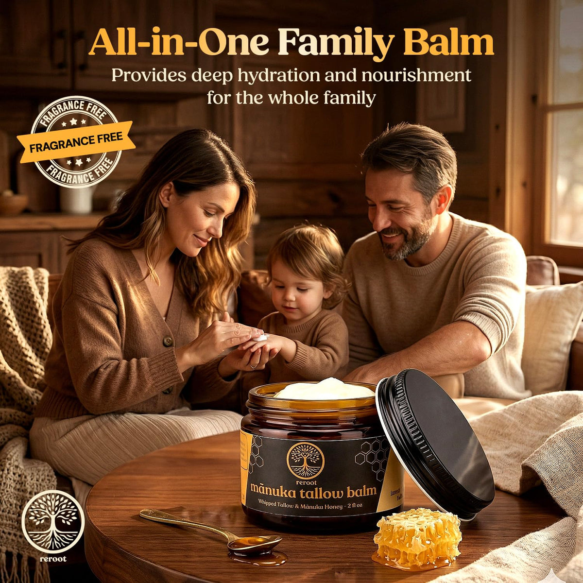 Reroot Organics balm on lips and hands showing targeted hydration