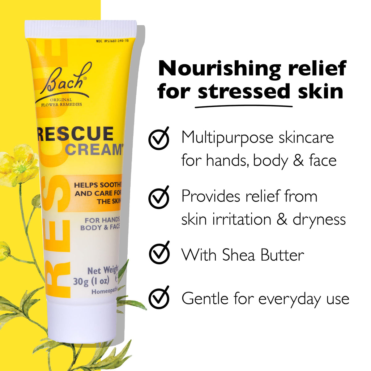 RESCUE cream texture on fingertip highlights non-greasy absorption